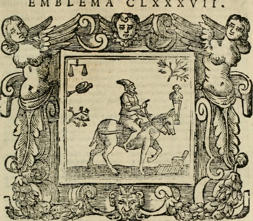 An illustration from Andreae Alciati Emblemata cum commentariis Claudii Minois I.C. Francisci Sanctii Brocensis, & notis Laurentij Pignorij Patavini : nouissima hac editione in continuam vnius commentarij seriem congestis, in certas quasdam quasi classes dispositis, & plusquam dimidia parte auctis, 1661, leaf 868