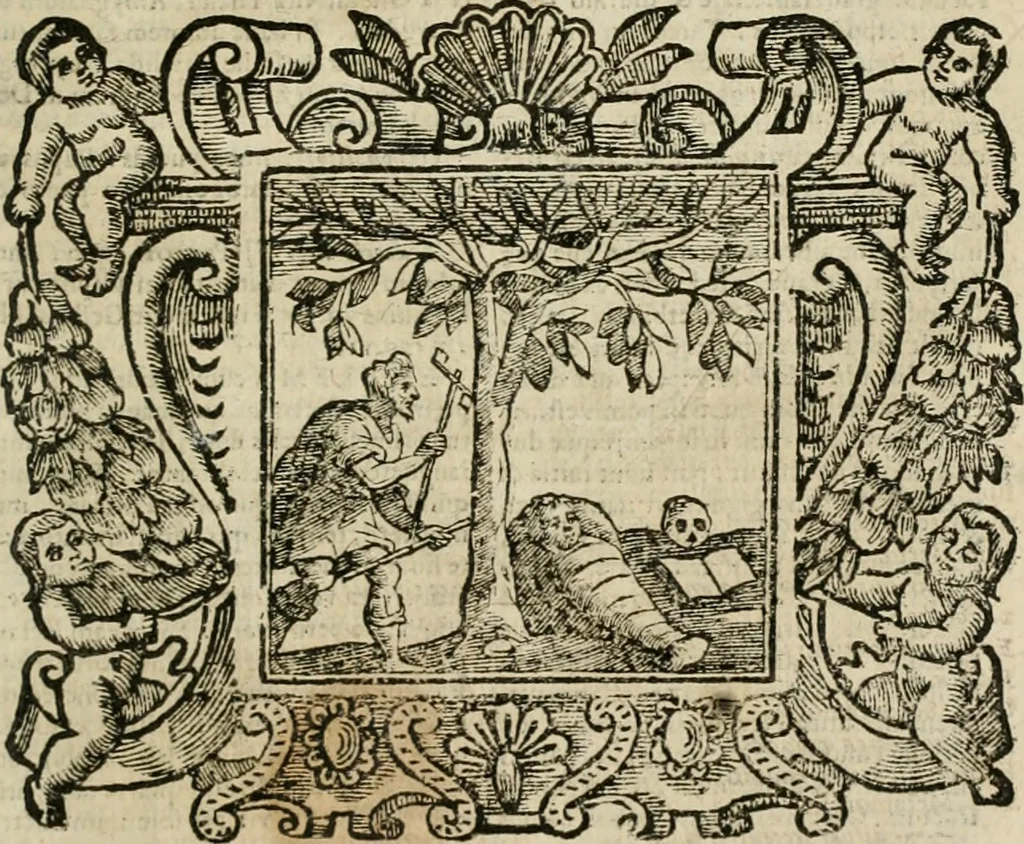 An illustration from Andreae Alciati Emblemata cum commentariis Claudii Minois I.C. Francisci Sanctii Brocensis, & notis Laurentij Pignorij Patavini : nouissima hac editione in continuam vnius commentarij seriem congestis, in certas quasdam quasi classes dispositis, & plusquam dimidia parte auctis, 1661, leaf 958