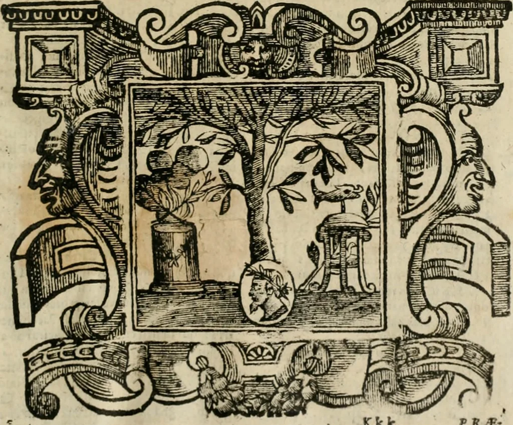 An illustration from Andreae Alciati Emblemata cum commentariis Claudii Minois I.C. Francisci Sanctii Brocensis, & notis Laurentij Pignorij Patavini : nouissima hac editione in continuam vnius commentarij seriem congestis, in certas quasdam quasi classes dispositis, & plusquam dimidia parte auctis, 1661, leaf 964