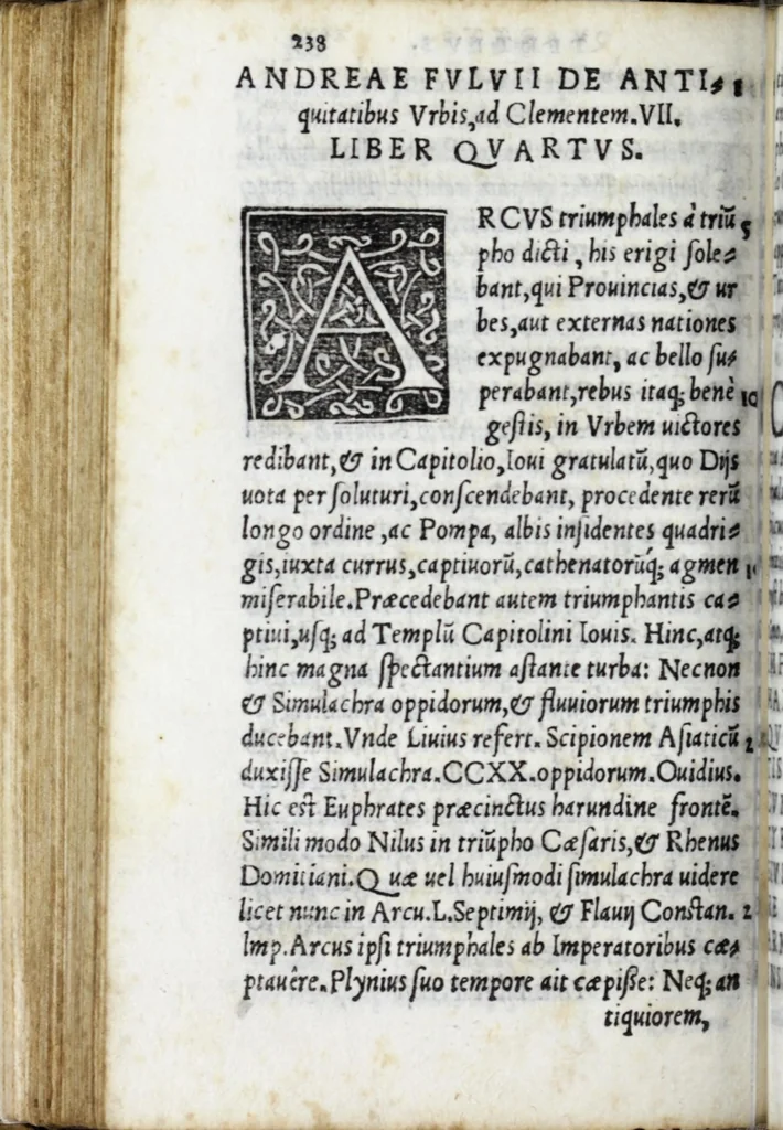 An illustration from Andreae Fuluii Sabini antiquarii De Vrbis antiquitatibus libri quinque ; item, De Vrbis eiusdem laudibus oratio ; In populi Ro. laudem elegeia ; De Romuli, & Remi expositione egloga : quae cuncta, me[n]dis omnibus quib[us] prior editio squallebat : nuper excussa ac repurgata : indice copiosissimo ordinatissimo[que] repposito, 1545, leaf 324