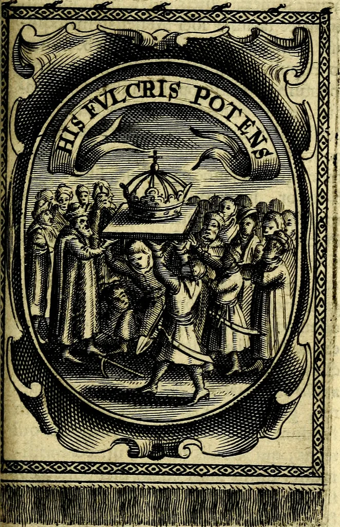 An illustration from Andreae Maximiliani Fredro Castellani Leopoliensis Scriptorum seu togae & belli notationum fragmenta : accesserunt Peristromata regum symbolis expressa, 1660, leaf 352