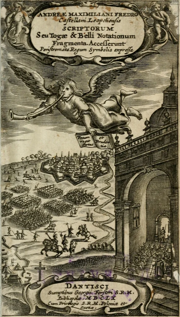 An illustration from Andreae Maximiliani Fredro castellani Leopoliensis, Scriptorum seu togae & belli notationum fragmenta : accesserunt Peristromata regum symbolis expressa, 1660, leaf 4