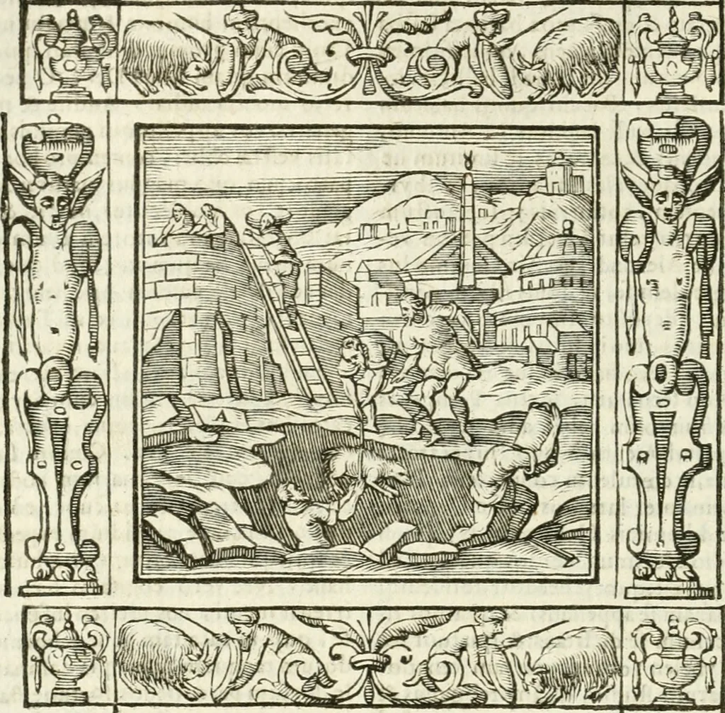 An illustration from Andreæ Alciati emblemata cvm commentariis Clavdii Minois...: & notis Lavrentii Pignorii Patavini : nouissima hac editione in continuam vnius commentarij seriem congestis, in certas quasdam quasi classes dispositis, & plusquam dimidia parte auctis, 1621, leaf 101
