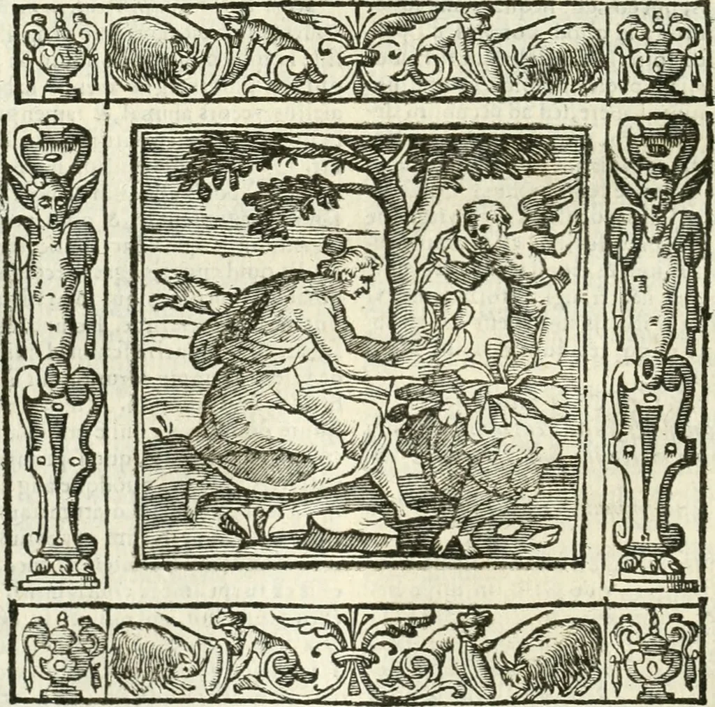 An illustration from Andreæ Alciati emblemata cvm commentariis Clavdii Minois...: & notis Lavrentii Pignorii Patavini : nouissima hac editione in continuam vnius commentarij seriem congestis, in certas quasdam quasi classes dispositis, & plusquam dimidia parte auctis, 1621, leaf 423