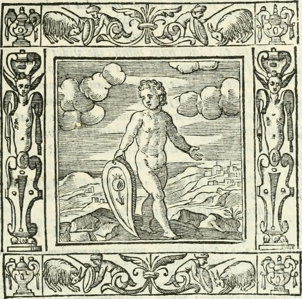 An illustration from Andreæ Alciati emblemata cvm commentariis Clavdii Minois...: & notis Lavrentii Pignorii Patavini : nouissima hac editione in continuam vnius commentarij seriem congestis, in certas quasdam quasi classes dispositis, & plusquam dimidia parte auctis, 1621, leaf 556