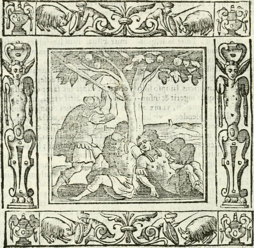 An illustration from Andreæ Alciati emblemata cvm commentariis Clavdii Minois...: & notis Lavrentii Pignorii Patavini : nouissima hac editione in continuam vnius commentarij seriem congestis, in certas quasdam quasi classes dispositis, & plusquam dimidia parte auctis, 1621, leaf 567