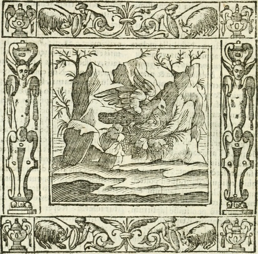 An illustration from Andreæ Alciati emblemata cvm commentariis Clavdii Minois...: & notis Lavrentii Pignorii Patavini : nouissima hac editione in continuam vnius commentarij seriem congestis, in certas quasdam quasi classes dispositis, & plusquam dimidia parte auctis, 1621, leaf 825