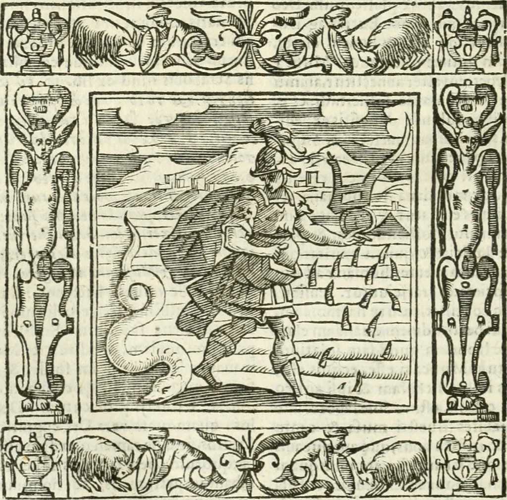 An illustration from Andreæ Alciati emblemata cvm commentariis Clavdii Minois...: & notis Lavrentii Pignorii Patavini : nouissima hac editione in continuam vnius commentarij seriem congestis, in certas quasdam quasi classes dispositis, & plusquam dimidia parte auctis, 1621, leaf 863