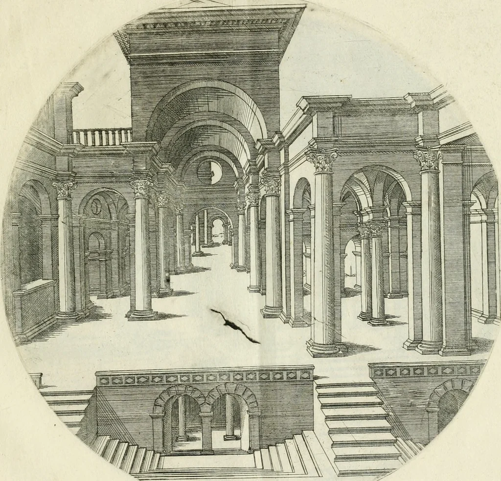 An illustration from Iacobvs Androvetivs dv Cerceav : lectoribvs S. veteri consvetvdine institvtoqve nostro novos ... labores excipienti, visvm fvit hos opvs ... edere ... Continet ... Optices, qvam perspectivam nominant viginti figuras .., 1551, leaf 42