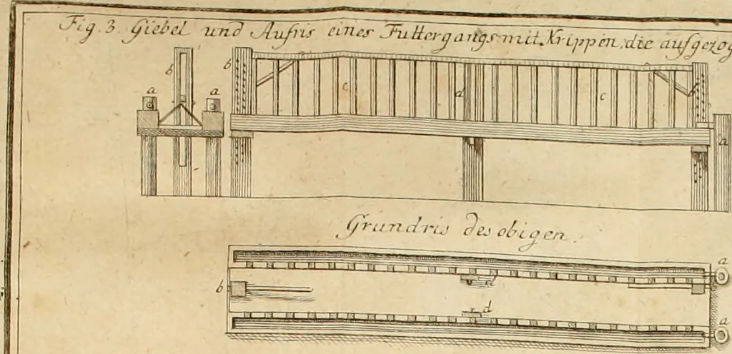 An illustration from Anfangsgründe der bürgerlichen Baukunst für Landleute, oder, Anleitung wie die Landbewohner neue verbesserte Gebaüde mit feuersichern Dächern, ingleichen neue Dörfer, Wasserleitungen und holzersparende Back- und Stubenoefen ohne Zuziehung eines Baumeisters entwerfen, zeichnen, Anschläge dazu machen n erbauen können : nebst einer kurzen Anzeige die Gewitter abzuleiten, 1776, leaf 363
