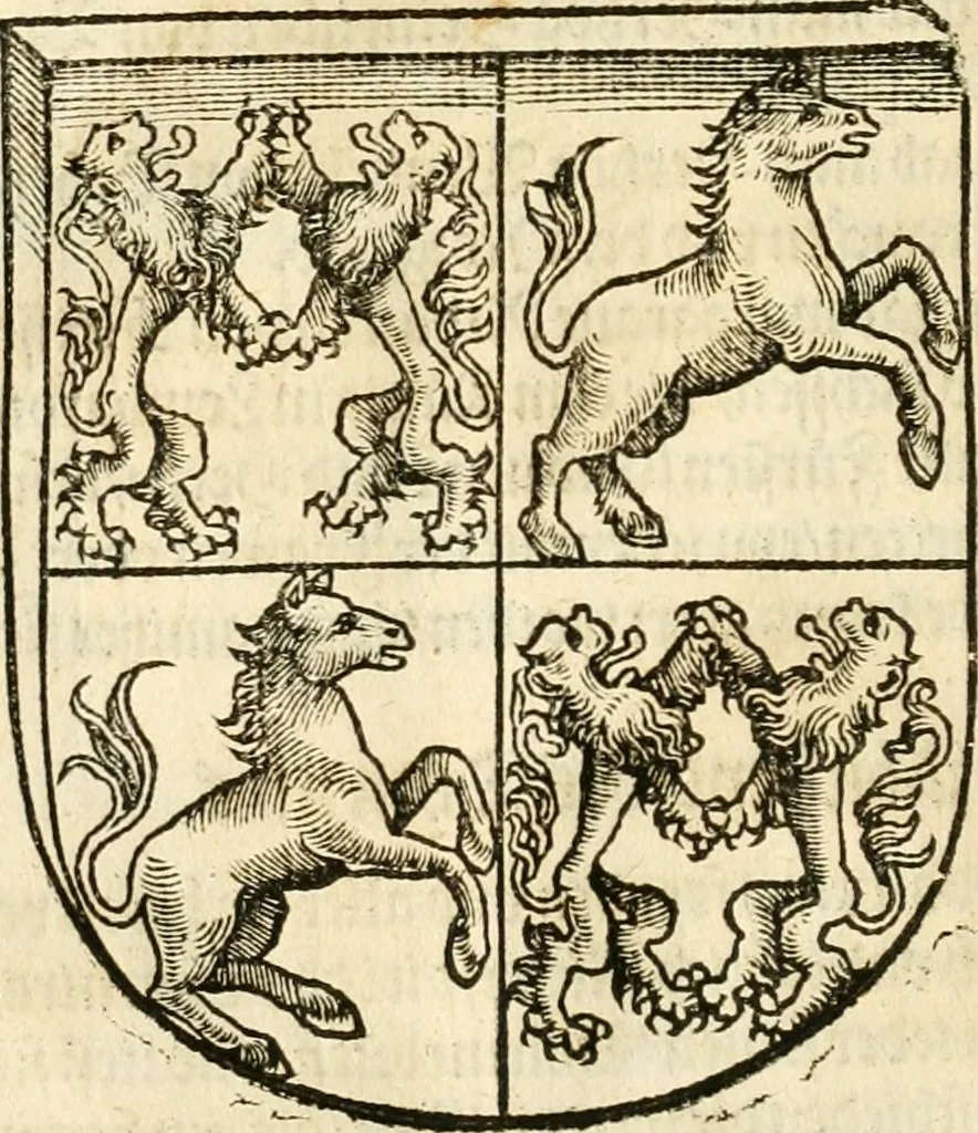 An illustration from Anfang, Vrsprug und Herkomen des Thurniers inn Teutscher Nation : wieuil Thurnier biss vff den letztenn zu Wormbs : auch wie vnnd an welchen Orten die gehalten vñ durch was Fürsten, Grauen, Herrn, Ritter vñ vom Adel, sie iederzeit besucht worden sindt .., 1532, leaf 107