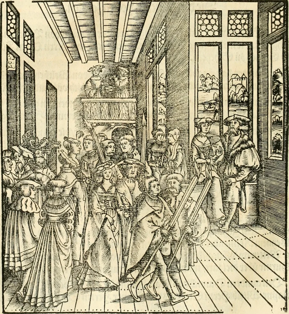 An illustration from Anfang, Vrsprug und Herkomen des Thurniers inn Teutscher Nation : wieuil Thurnier biss vff den letztenn zu Wormbs : auch wie vnnd an welchen Orten die gehalten vñ durch was Fürsten, Grauen, Herrn, Ritter vñ vom Adel, sie iederzeit besucht worden sindt .., 1532, leaf 113