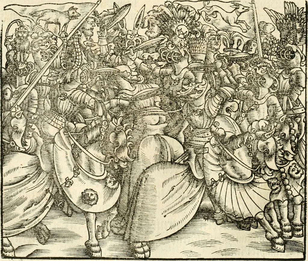 An illustration from Anfang, Vrsprug und Herkomen des Thurniers inn Teutscher Nation : wieuil Thurnier biss vff den letztenn zu Wormbs : auch wie vnnd an welchen Orten die gehalten vñ durch was Fürsten, Grauen, Herrn, Ritter vñ vom Adel, sie iederzeit besucht worden sindt .., 1532, leaf 119