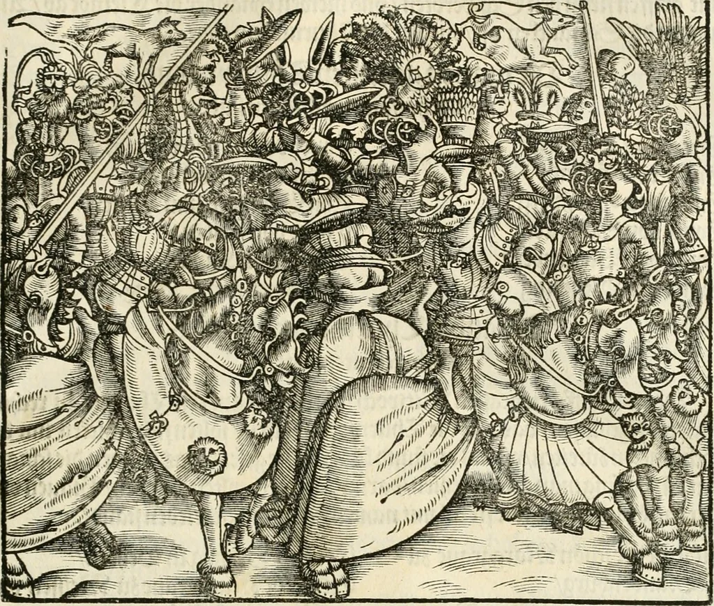 An illustration from Anfang, Vrsprug und Herkomen des Thurniers inn Teutscher Nation : wieuil Thurnier biss vff den letztenn zu Wormbs : auch wie vnnd an welchen Orten die gehalten vñ durch was Fürsten, Grauen, Herrn, Ritter vñ vom Adel, sie iederzeit besucht worden sindt .., 1532, leaf 128