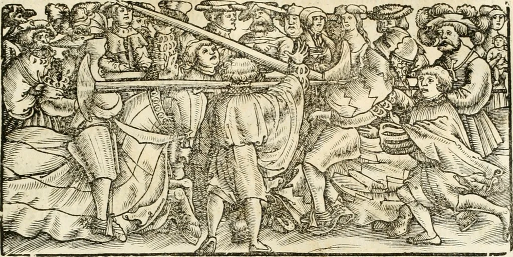 An illustration from Anfang, Vrsprug und Herkomen des Thurniers inn Teutscher Nation : wieuil Thurnier biss vff den letztenn zu Wormbs : auch wie vnnd an welchen Orten die gehalten vñ durch was Fürsten, Grauen, Herrn, Ritter vñ vom Adel, sie iederzeit besucht worden sindt .., 1532, leaf 148