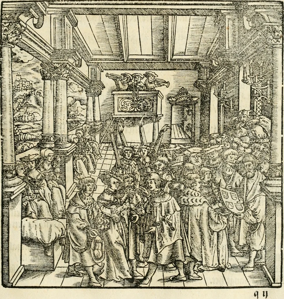 An illustration from Anfang, Vrsprug und Herkomen des Thurniers inn Teutscher Nation : wieuil Thurnier biss vff den letztenn zu Wormbs : auch wie vnnd an welchen Orten die gehalten vñ durch was Fürsten, Grauen, Herrn, Ritter vñ vom Adel, sie iederzeit besucht worden sindt .., 1532, leaf 190