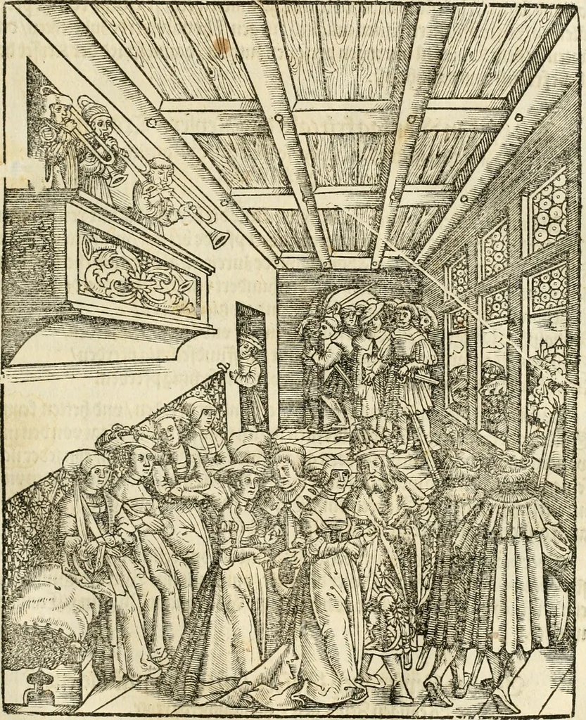 An illustration from Anfang, Vrsprug und Herkomen des Thurniers inn Teutscher Nation : wieuil Thurnier biss vff den letztenn zu Wormbs : auch wie vnnd an welchen Orten die gehalten vñ durch was Fürsten, Grauen, Herrn, Ritter vñ vom Adel, sie iederzeit besucht worden sindt .., 1532, leaf 208