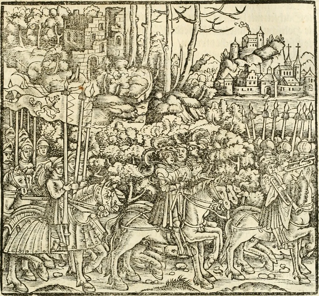 An illustration from Anfang, Vrsprug und Herkomen des Thurniers inn Teutscher Nation : wieuil Thurnier biss vff den letztenn zu Wormbs : auch wie vnnd an welchen Orten die gehalten vñ durch was Fürsten, Grauen, Herrn, Ritter vñ vom Adel, sie iederzeit besucht worden sindt .., 1532, leaf 210