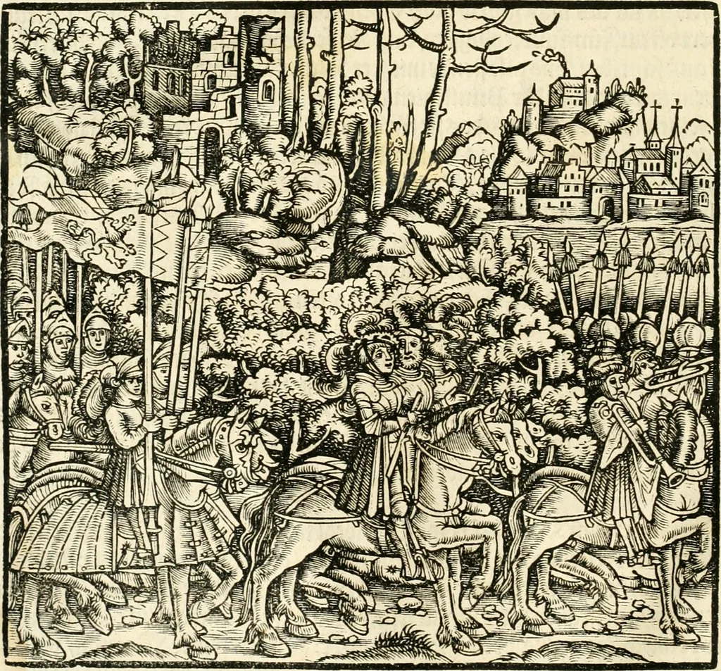 An illustration from Anfang, Vrsprug und Herkomen des Thurniers inn Teutscher Nation : wieuil Thurnier biss vff den letztenn zu Wormbs : auch wie vnnd an welchen Orten die gehalten vñ durch was Fürsten, Grauen, Herrn, Ritter vñ vom Adel, sie iederzeit besucht worden sindt .., 1532, leaf 27