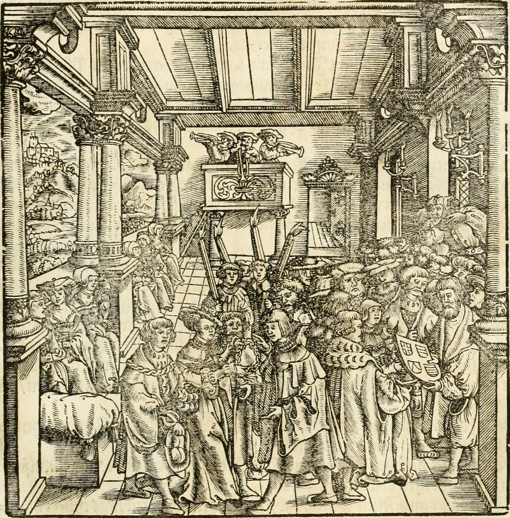 An illustration from Anfang, Vrsprug und Herkomen des Thurniers inn Teutscher Nation : wieuil Thurnier biss vff den letztenn zu Wormbs : auch wie vnnd an welchen Orten die gehalten vñ durch was Fürsten, Grauen, Herrn, Ritter vñ vom Adel, sie iederzeit besucht worden sindt .., 1532, leaf 272