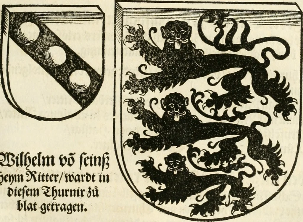 An illustration from Anfang, Vrsprug und Herkomen des Thurniers inn Teutscher Nation : wieuil Thurnier biss vff den letztenn zu Wormbs : auch wie vnnd an welchen Orten die gehalten vñ durch was Fürsten, Grauen, Herrn, Ritter vñ vom Adel, sie iederzeit besucht worden sindt .., 1532, leaf 274