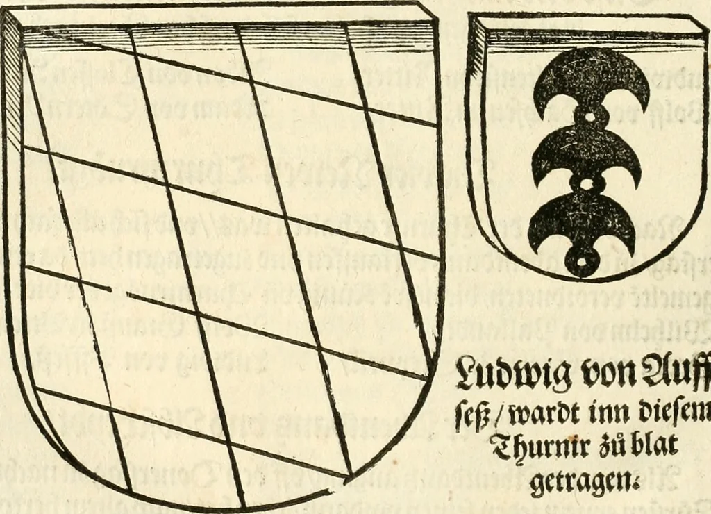An illustration from Anfang, Vrsprug und Herkomen des Thurniers inn Teutscher Nation : wieuil Thurnier biss vff den letztenn zu Wormbs : auch wie vnnd an welchen Orten die gehalten vñ durch was Fürsten, Grauen, Herrn, Ritter vñ vom Adel, sie iederzeit besucht worden sindt .., 1532, leaf 303
