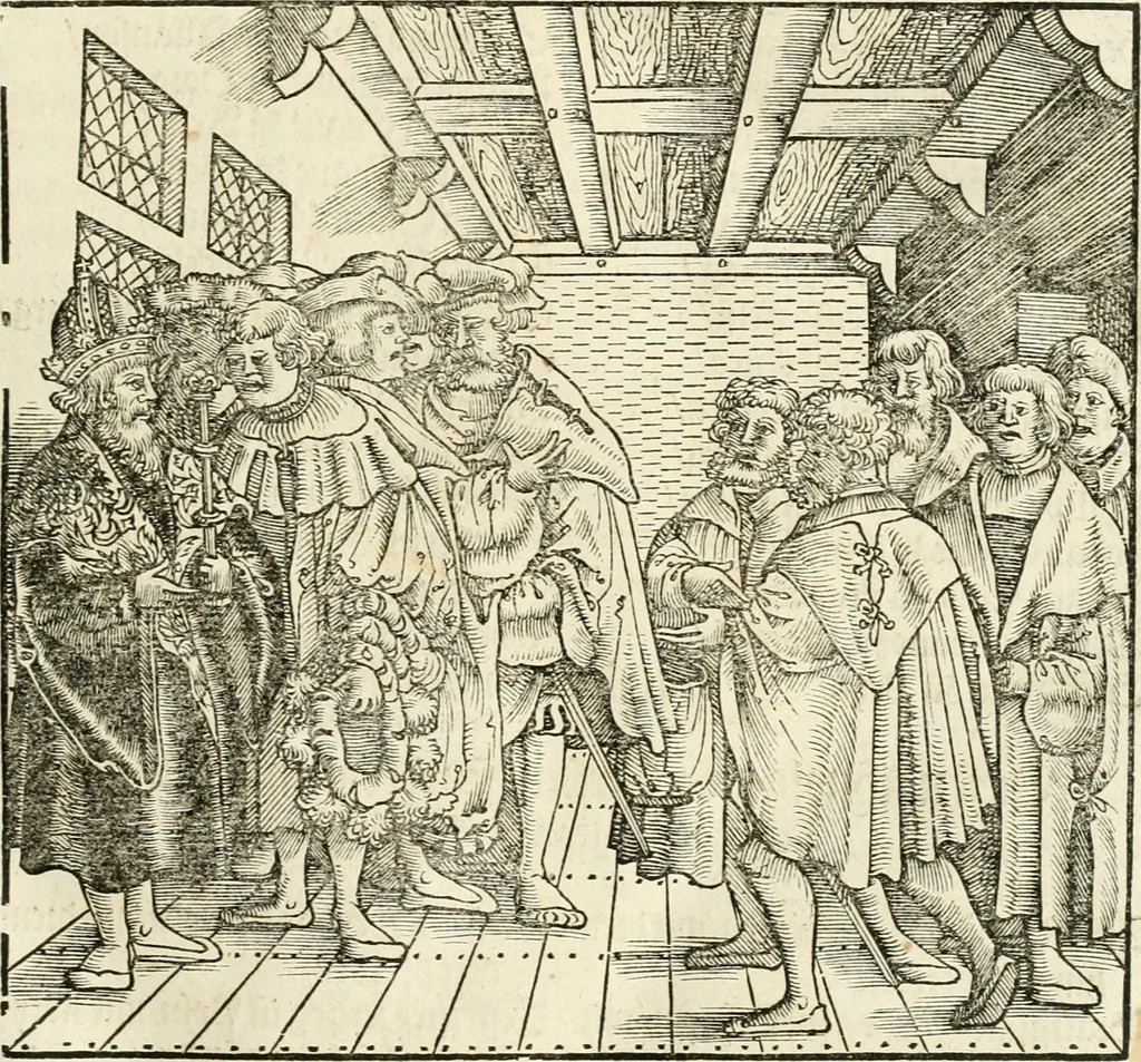 An illustration from Anfang, Vrsprug und Herkomen des Thurniers inn Teutscher Nation : wieuil Thurnier biss vff den letztenn zu Wormbs : auch wie vnnd an welchen Orten die gehalten vñ durch was Fürsten, Grauen, Herrn, Ritter vñ vom Adel, sie iederzeit besucht worden sindt .., 1532, leaf 32