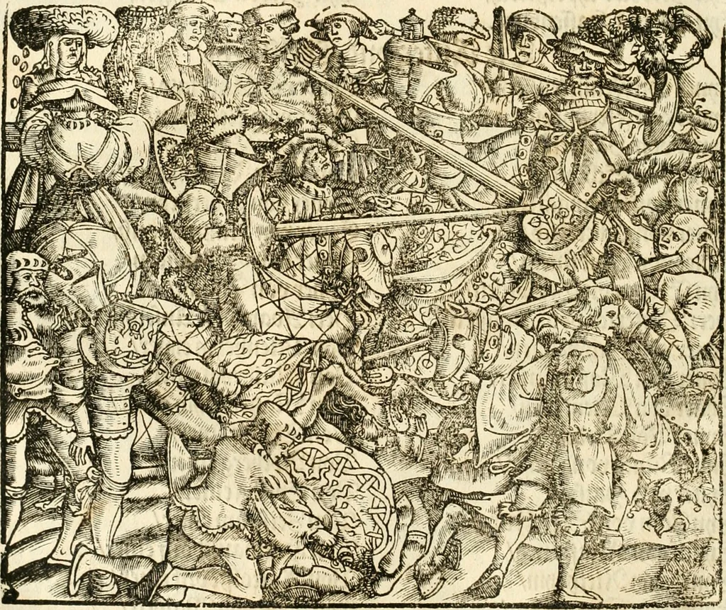 An illustration from Anfang, Vrsprug und Herkomen des Thurniers inn Teutscher Nation : wieuil Thurnier biss vff den letztenn zu Wormbs : auch wie vnnd an welchen Orten die gehalten vñ durch was Fürsten, Grauen, Herrn, Ritter vñ vom Adel, sie iederzeit besucht worden sindt .., 1532, leaf 321