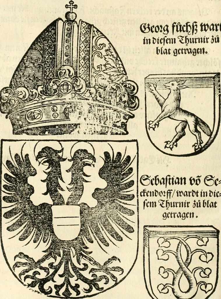 An illustration from Anfang, Vrsprug und Herkomen des Thurniers inn Teutscher Nation : wieuil Thurnier biss vff den letztenn zu Wormbs : auch wie vnnd an welchen Orten die gehalten vñ durch was Fürsten, Grauen, Herrn, Ritter vñ vom Adel, sie iederzeit besucht worden sindt .., 1532, leaf 327