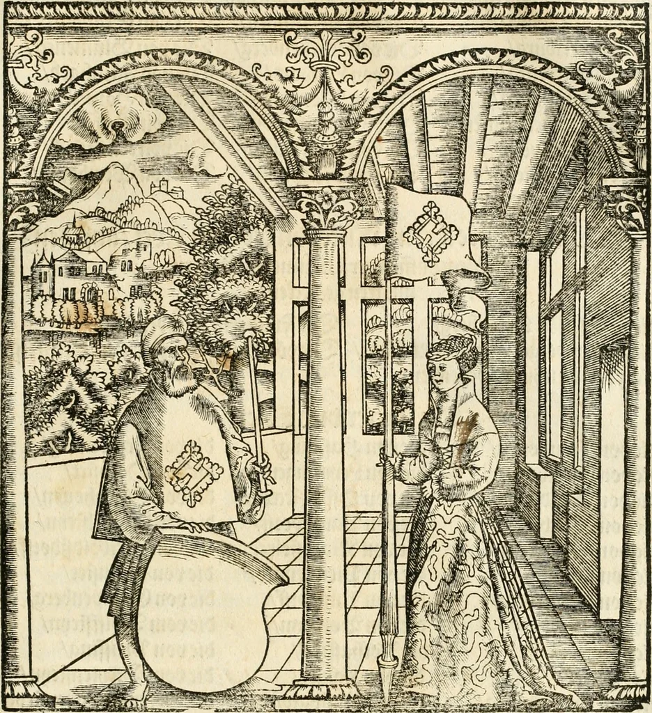An illustration from Anfang, Vrsprug und Herkomen des Thurniers inn Teutscher Nation : wieuil Thurnier biss vff den letztenn zu Wormbs : auch wie vnnd an welchen Orten die gehalten vñ durch was Fürsten, Grauen, Herrn, Ritter vñ vom Adel, sie iederzeit besucht worden sindt .., 1532, leaf 336
