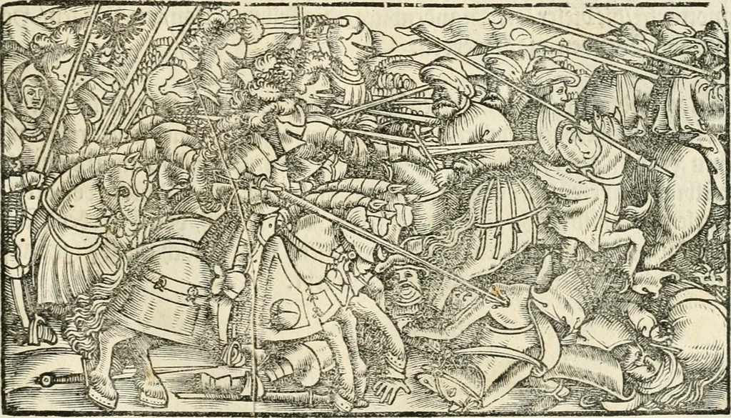 An illustration from Anfang, Vrsprug und Herkomen des Thurniers inn Teutscher Nation : wieuil Thurnier biss vff den letztenn zu Wormbs : auch wie vnnd an welchen Orten die gehalten vñ durch was Fürsten, Grauen, Herrn, Ritter vñ vom Adel, sie iederzeit besucht worden sindt .., 1532, leaf 34