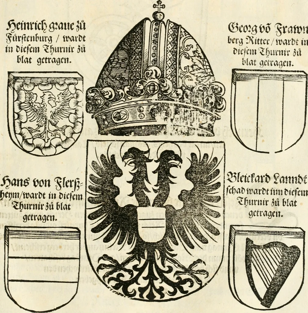 An illustration from Anfang, Vrsprug und Herkomen des Thurniers inn Teutscher Nation : wieuil Thurnier biss vff den letztenn zu Wormbs : auch wie vnnd an welchen Orten die gehalten vñ durch was Fürsten, Grauen, Herrn, Ritter vñ vom Adel, sie iederzeit besucht worden sindt .., 1532, leaf 348