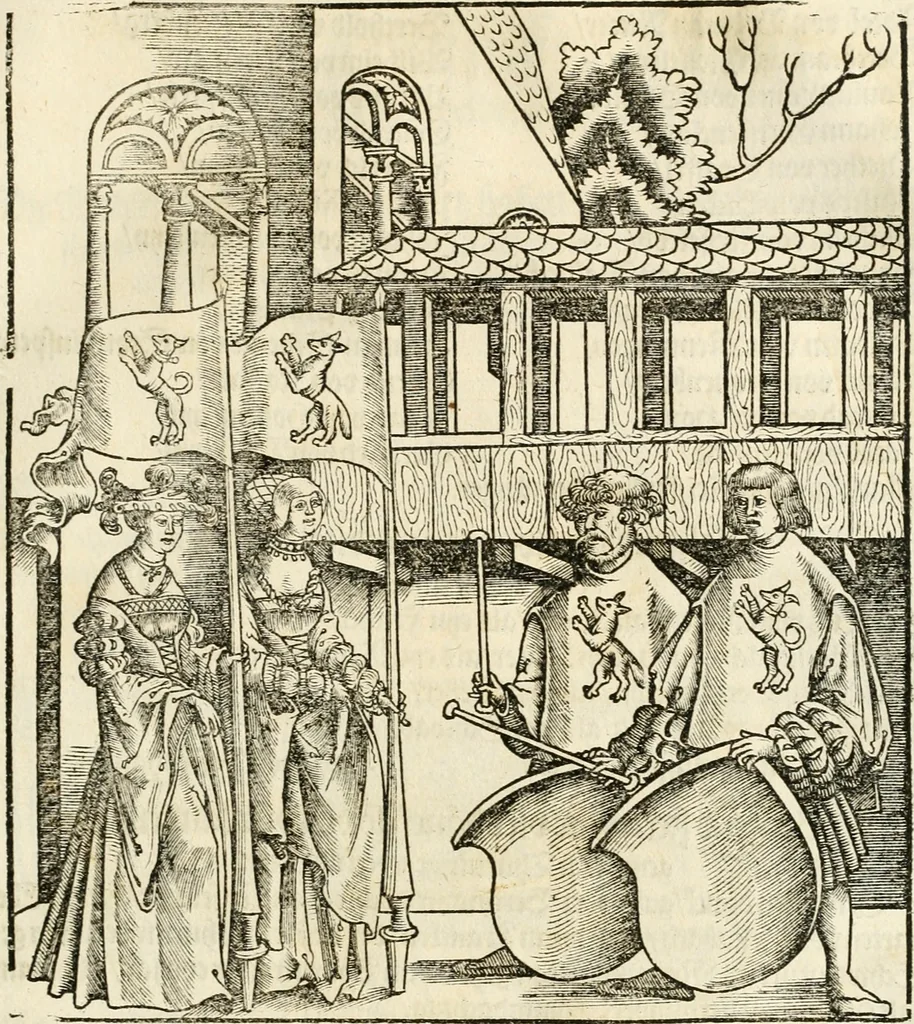 An illustration from Anfang, Vrsprug und Herkomen des Thurniers inn Teutscher Nation : wieuil Thurnier biss vff den letztenn zu Wormbs : auch wie vnnd an welchen Orten die gehalten vñ durch was Fürsten, Grauen, Herrn, Ritter vñ vom Adel, sie iederzeit besucht worden sindt .., 1532, leaf 350
