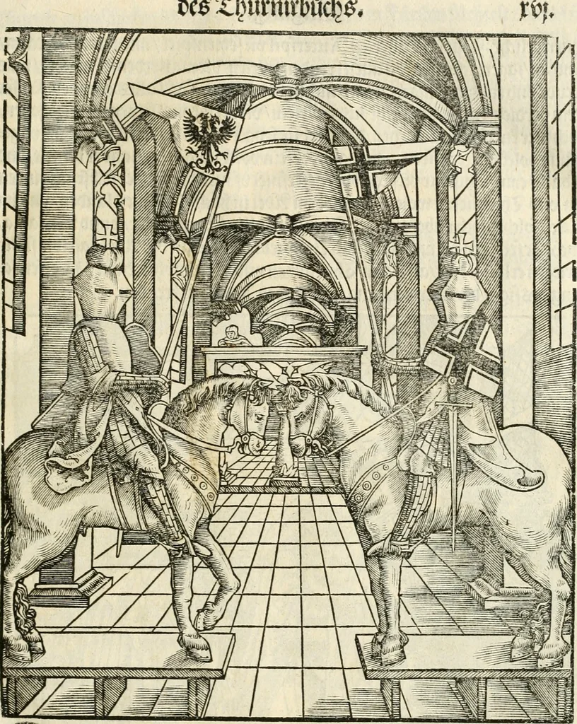 An illustration from Anfang, Vrsprug und Herkomen des Thurniers inn Teutscher Nation : wieuil Thurnier biss vff den letztenn zu Wormbs : auch wie vnnd an welchen Orten die gehalten vñ durch was Fürsten, Grauen, Herrn, Ritter vñ vom Adel, sie iederzeit besucht worden sindt .., 1532, leaf 36