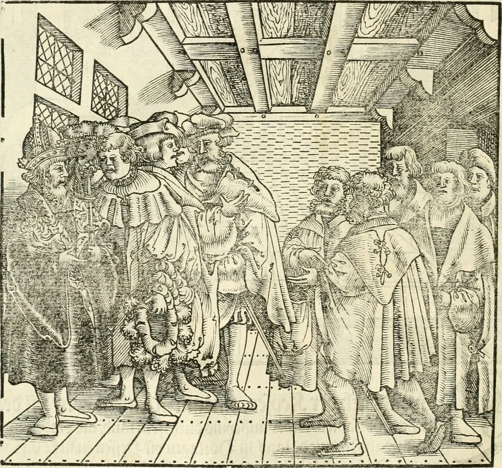 An illustration from Anfang, Vrsprug und Herkomen des Thurniers inn Teutscher Nation : wieuil Thurnier biss vff den letztenn zu Wormbs : auch wie vnnd an welchen Orten die gehalten vñ durch was Fürsten, Grauen, Herrn, Ritter vñ vom Adel, sie iederzeit besucht worden sindt .., 1532, leaf 37