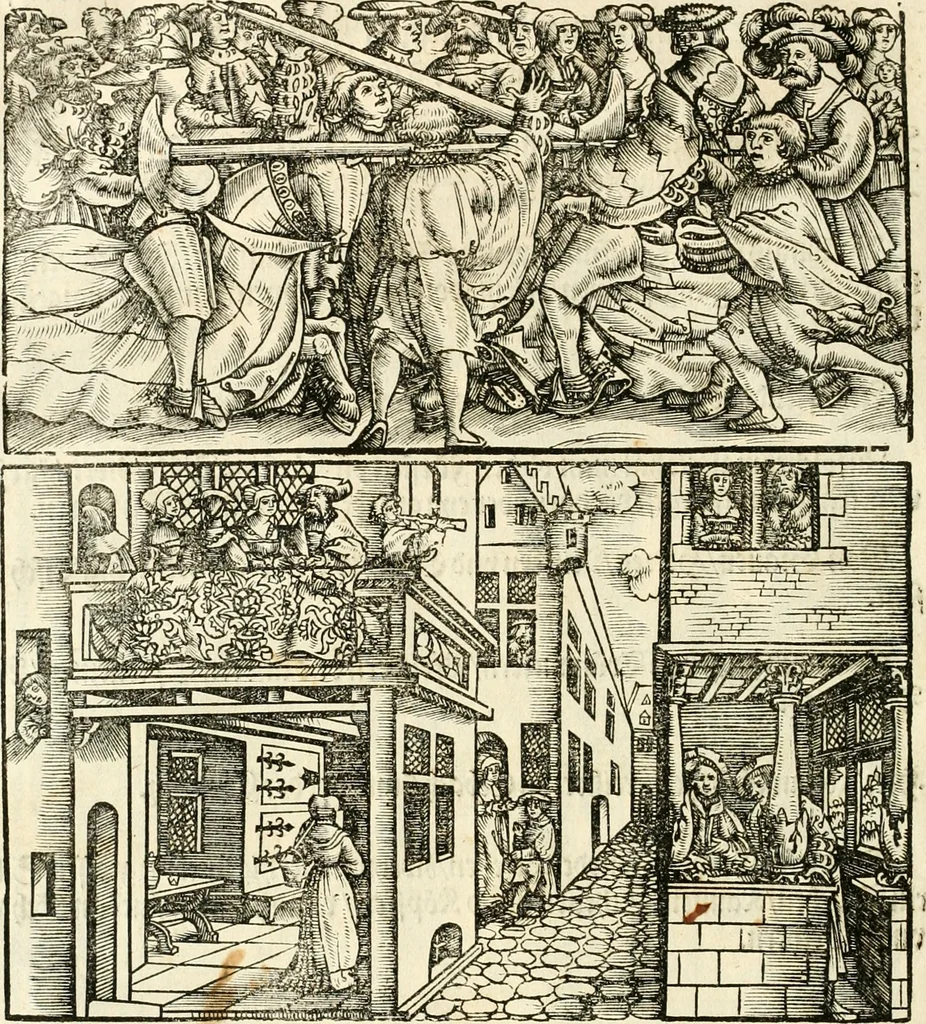 An illustration from Anfang, Vrsprug und Herkomen des Thurniers inn Teutscher Nation : wieuil Thurnier biss vff den letztenn zu Wormbs : auch wie vnnd an welchen Orten die gehalten vñ durch was Fürsten, Grauen, Herrn, Ritter vñ vom Adel, sie iederzeit besucht worden sindt .., 1532, leaf 373