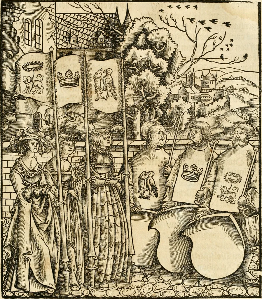 An illustration from Anfang, Vrsprug und Herkomen des Thurniers inn Teutscher Nation : wieuil Thurnier biss vff den letztenn zu Wormbs : auch wie vnnd an welchen Orten die gehalten vñ durch was Fürsten, Grauen, Herrn, Ritter vñ vom Adel, sie iederzeit besucht worden sindt .., 1532, leaf 378