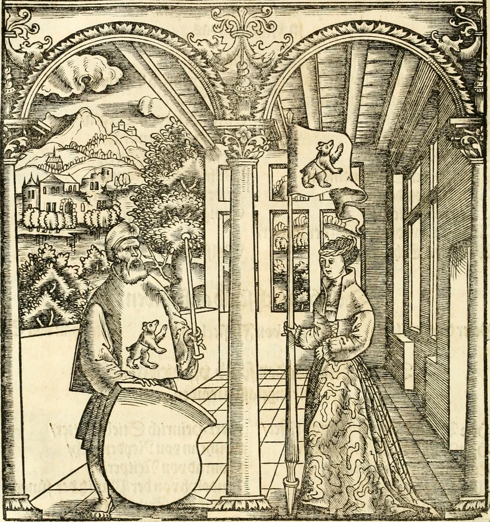 An illustration from Anfang, Vrsprug und Herkomen des Thurniers inn Teutscher Nation : wieuil Thurnier biss vff den letztenn zu Wormbs : auch wie vnnd an welchen Orten die gehalten vñ durch was Fürsten, Grauen, Herrn, Ritter vñ vom Adel, sie iederzeit besucht worden sindt .., 1532, leaf 397