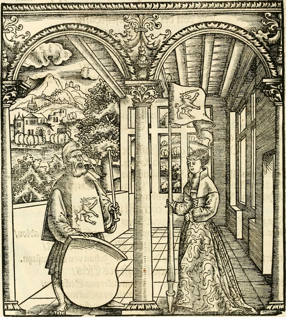 An illustration from Anfang, Vrsprug und Herkomen des Thurniers inn Teutscher Nation : wieuil Thurnier biss vff den letztenn zu Wormbs : auch wie vnnd an welchen Orten die gehalten vñ durch was Fürsten, Grauen, Herrn, Ritter vñ vom Adel, sie iederzeit besucht worden sindt .., 1532, leaf 413