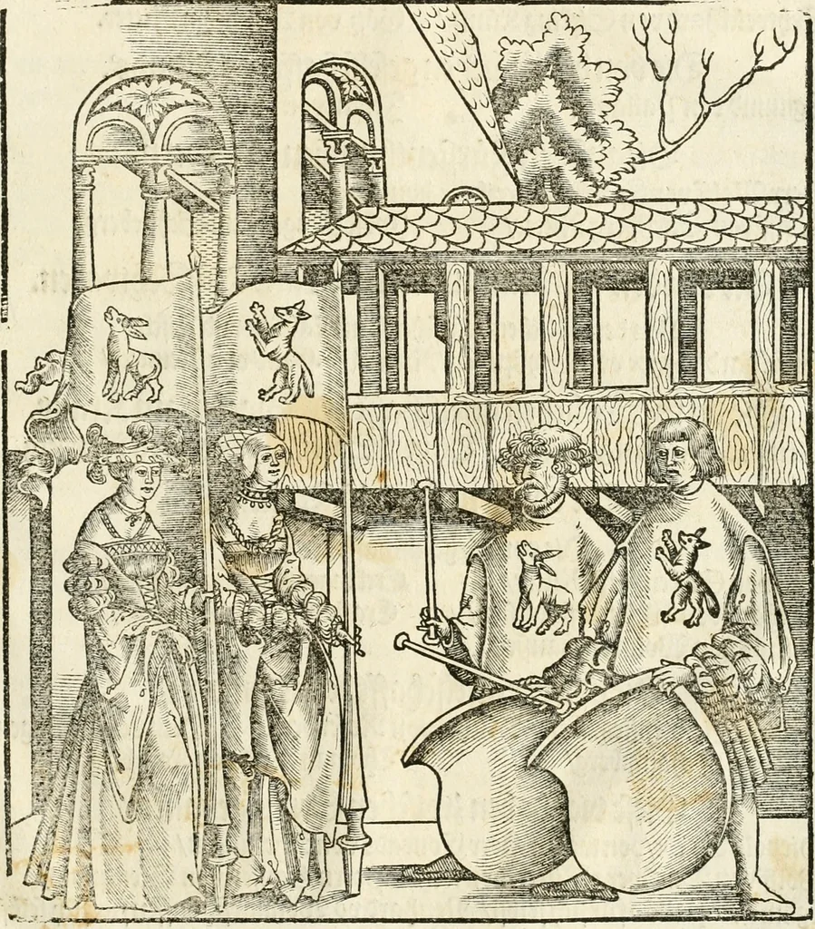 An illustration from Anfang, Vrsprug und Herkomen des Thurniers inn Teutscher Nation : wieuil Thurnier biss vff den letztenn zu Wormbs : auch wie vnnd an welchen Orten die gehalten vñ durch was Fürsten, Grauen, Herrn, Ritter vñ vom Adel, sie iederzeit besucht worden sindt .., 1532, leaf 432