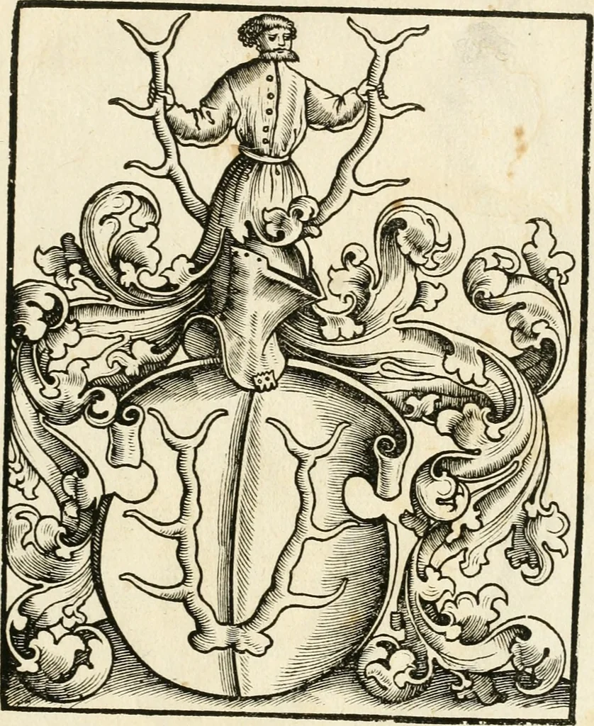An illustration from Anfang, Vrsprug und Herkomen des Thurniers inn Teutscher Nation : wieuil Thurnier biss vff den letztenn zu Wormbs : auch wie vnnd an welchen Orten die gehalten vñ durch was Fürsten, Grauen, Herrn, Ritter vñ vom Adel, sie iederzeit besucht worden sindt .., 1532, leaf 442