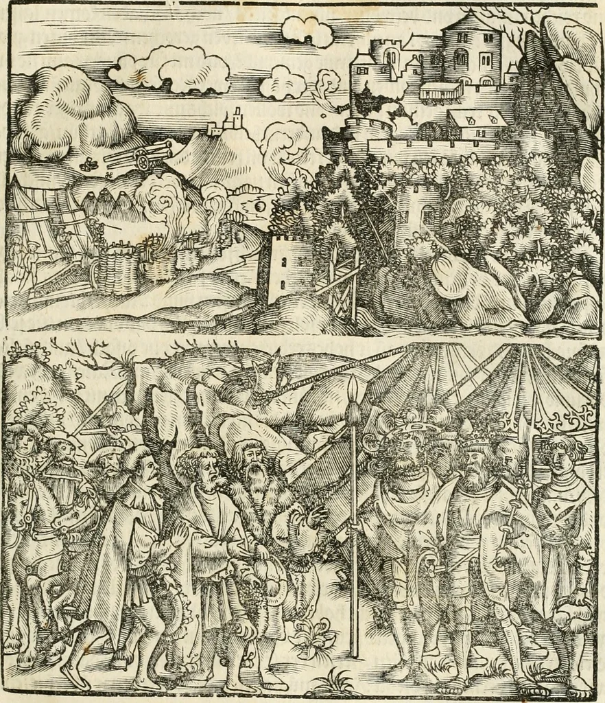 An illustration from Anfang, Vrsprug und Herkomen des Thurniers inn Teutscher Nation : wieuil Thurnier biss vff den letztenn zu Wormbs : auch wie vnnd an welchen Orten die gehalten vñ durch was Fürsten, Grauen, Herrn, Ritter vñ vom Adel, sie iederzeit besucht worden sindt .., 1532, leaf 52