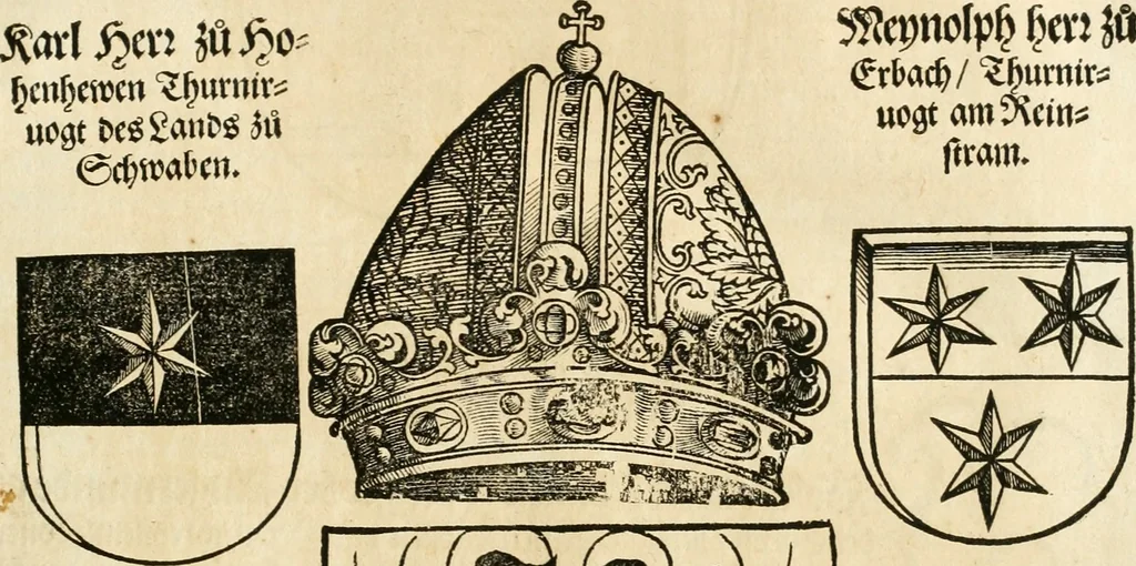 An illustration from Anfang, Vrsprug und Herkomen des Thurniers inn Teutscher Nation : wieuil Thurnier biss vff den letztenn zu Wormbs : auch wie vnnd an welchen Orten die gehalten vñ durch was Fürsten, Grauen, Herrn, Ritter vñ vom Adel, sie iederzeit besucht worden sindt .., 1532, leaf 56