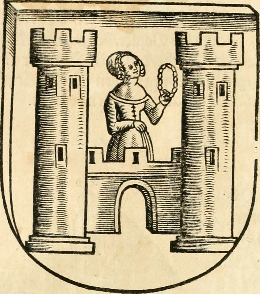 An illustration from Anfang, Vrsprug und Herkomen des Thurniers inn Teutscher Nation : wieuil Thurnier biss vff den letztenn zu Wormbs : auch wie vnnd an welchen Orten die gehalten vñ durch was Fürsten, Grauen, Herrn, Ritter vñ vom Adel, sie iederzeit besucht worden sindt .., 1532, leaf 57