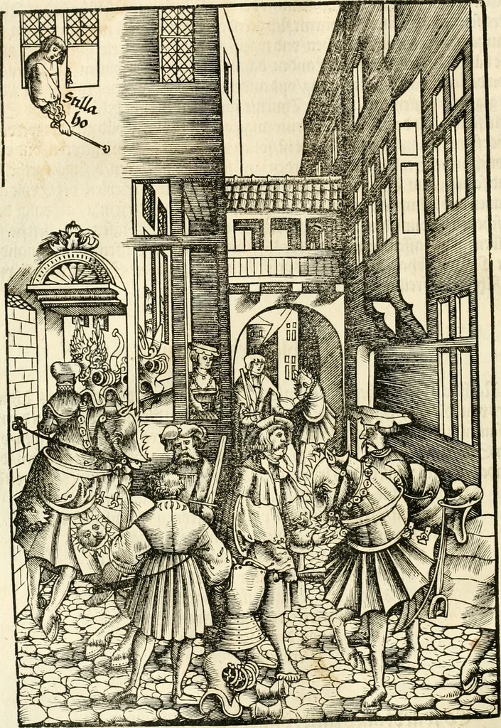 An illustration from Anfang, Vrsprug und Herkomen des Thurniers inn Teutscher Nation : wieuil Thurnier biss vff den letztenn zu Wormbs : auch wie vnnd an welchen Orten die gehalten vñ durch was Fürsten, Grauen, Herrn, Ritter vñ vom Adel, sie iederzeit besucht worden sindt .., 1532, leaf 61