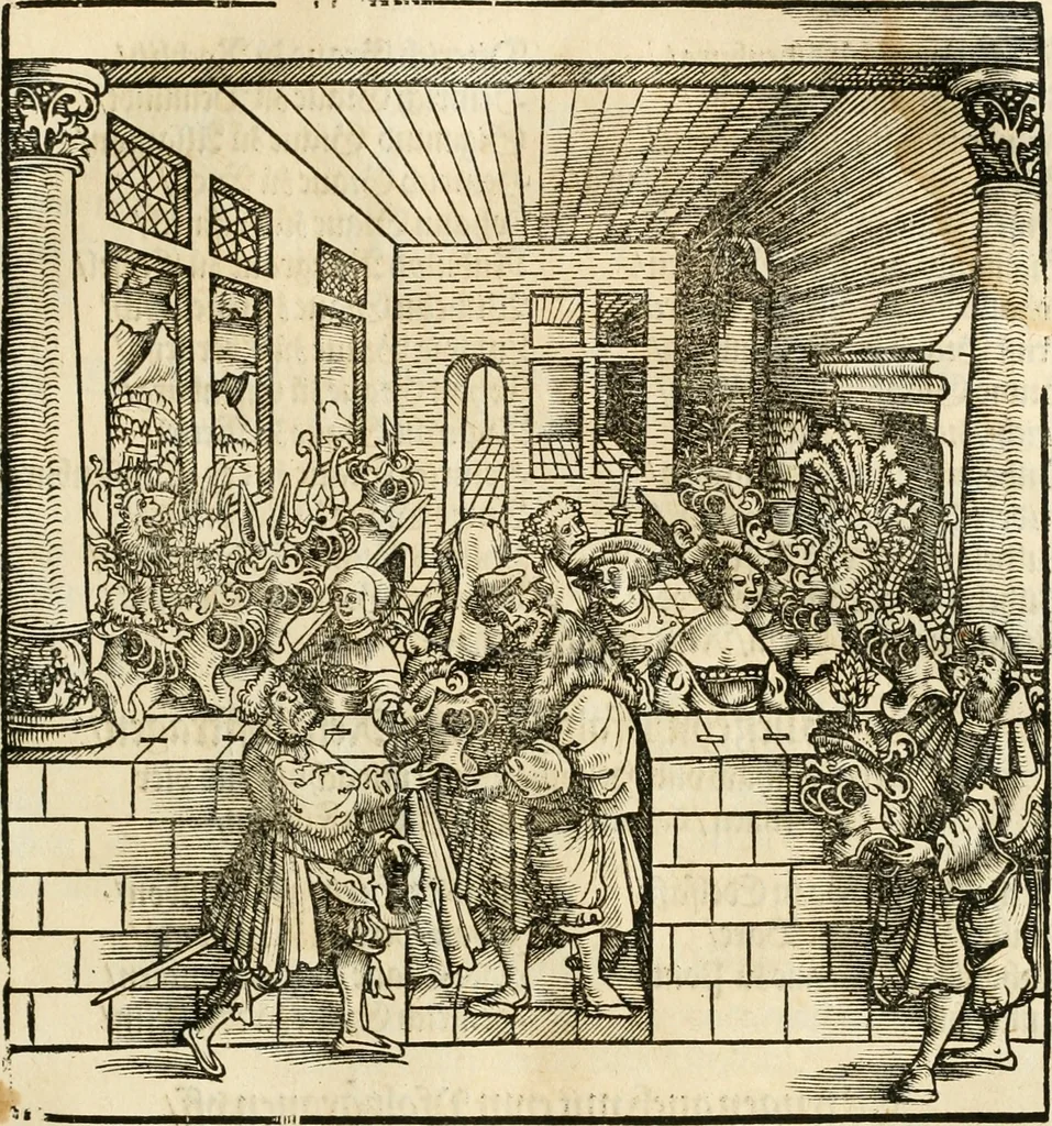 An illustration from Anfang, Vrsprug und Herkomen des Thurniers inn Teutscher Nation : wieuil Thurnier biss vff den letztenn zu Wormbs : auch wie vnnd an welchen Orten die gehalten vñ durch was Fürsten, Grauen, Herrn, Ritter vñ vom Adel, sie iederzeit besucht worden sindt .., 1532, leaf 64