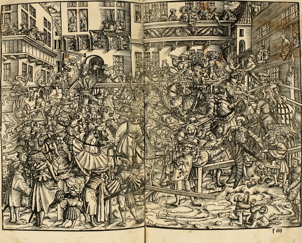 An illustration from Anfang, Vrsprug und Herkomen des Thurniers inn Teutscher Nation : wieuil Thurnier biss vff den letztenn zu Wormbs : auch wie vnnd an welchen Orten die gehalten vñ durch was Fürsten, Grauen, Herrn, Ritter vñ vom Adel, sie iederzeit besucht worden sindt .., 1532, leaf 73
