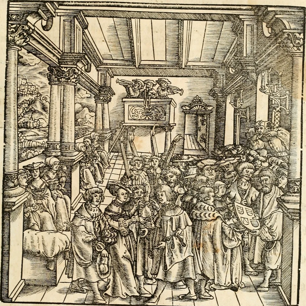 An illustration from Anfang, Vrsprug und Herkomen des Thurniers inn Teutscher Nation : wieuil Thurnier biss vff den letztenn zu Wormbs : auch wie vnnd an welchen Orten die gehalten vñ durch was Fürsten, Grauen, Herrn, Ritter vñ vom Adel, sie iederzeit besucht worden sindt .., 1532, leaf 74