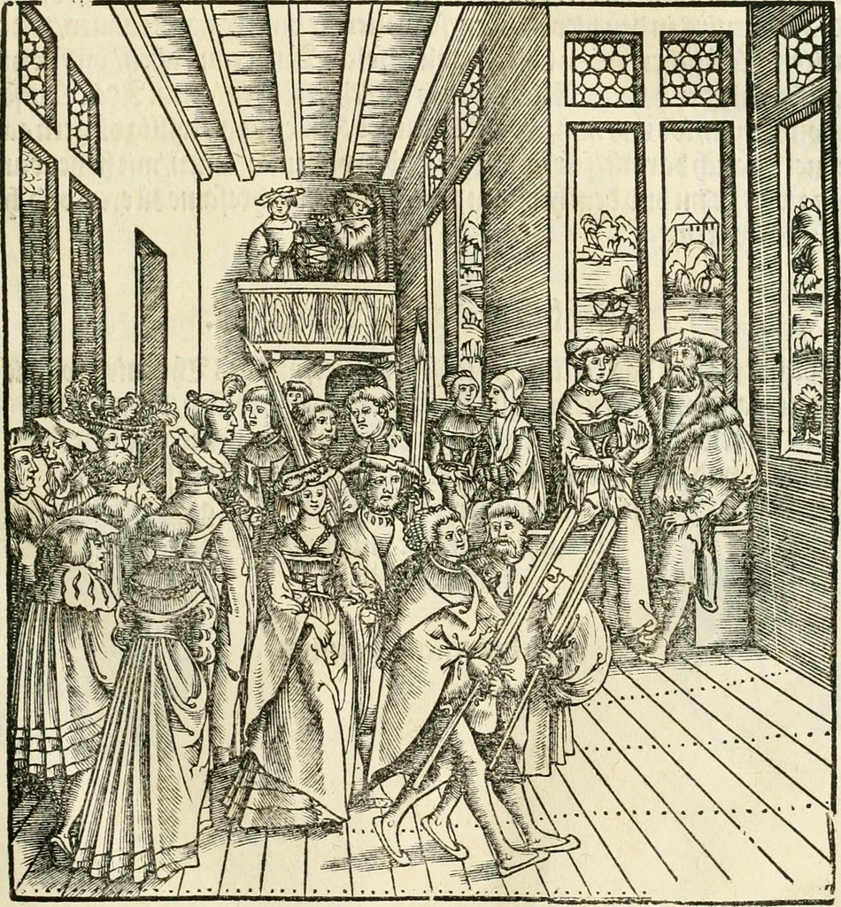 An illustration from Anfang, Vrsprug und Herkomen des Thurniers inn Teutscher Nation : wieuil Thurnier biss vff den letztenn zu Wormbs : auch wie vnnd an welchen Orten die gehalten vñ durch was Fürsten, Grauen, Herrn, Ritter vñ vom Adel, sie iederzeit besucht worden sindt .., 1532, leaf 76