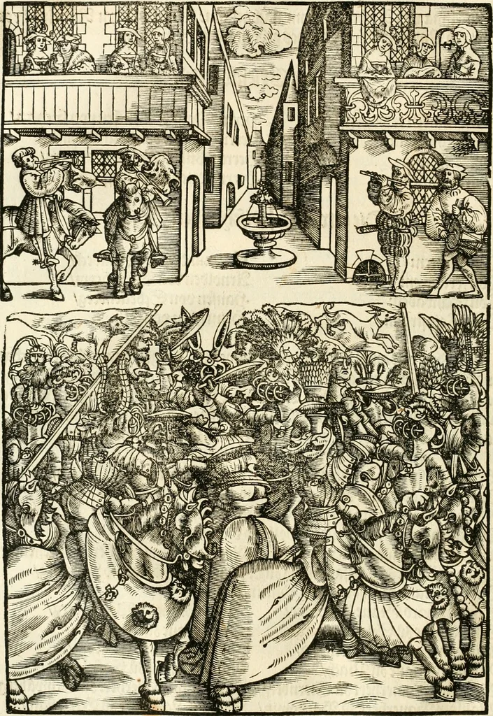 An illustration from Anfang, Vrsprug und Herkomen des Thurniers inn Teutscher Nation : wieuil Thurnier biss vff den letztenn zu Wormbs : auch wie vnnd an welchen Orten die gehalten vñ durch was Fürsten, Grauen, Herrn, Ritter vñ vom Adel, sie iederzeit besucht worden sindt .., 1532, leaf 85
